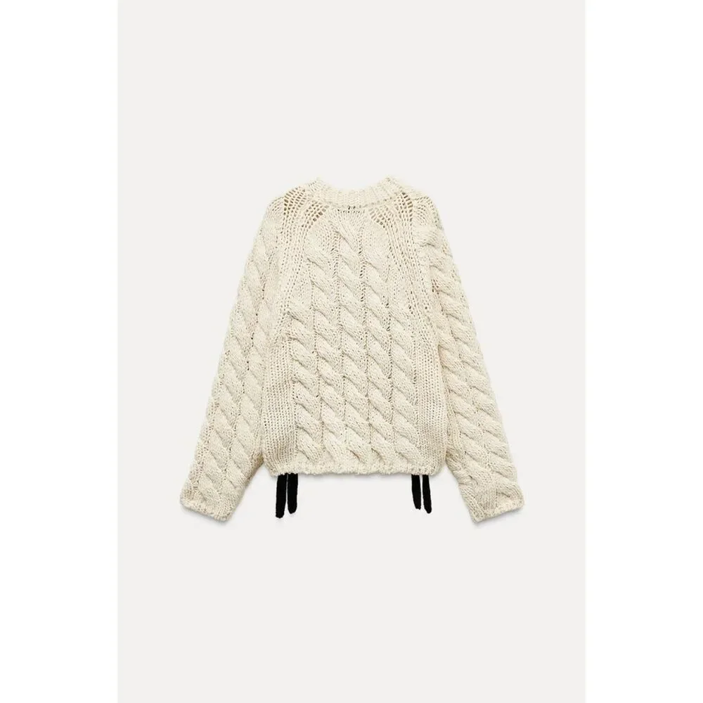 Cream Zara Side Vents Ties Chunky Knit Long Sleeve Pullover Sweater (NWT) - Picture 4 of 10